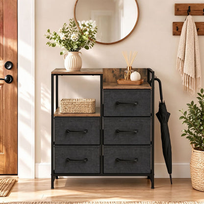 Open Shelves Dresser with 5 Fabric Drawers and 2 Hooks for Bedroom-Rustic Brown