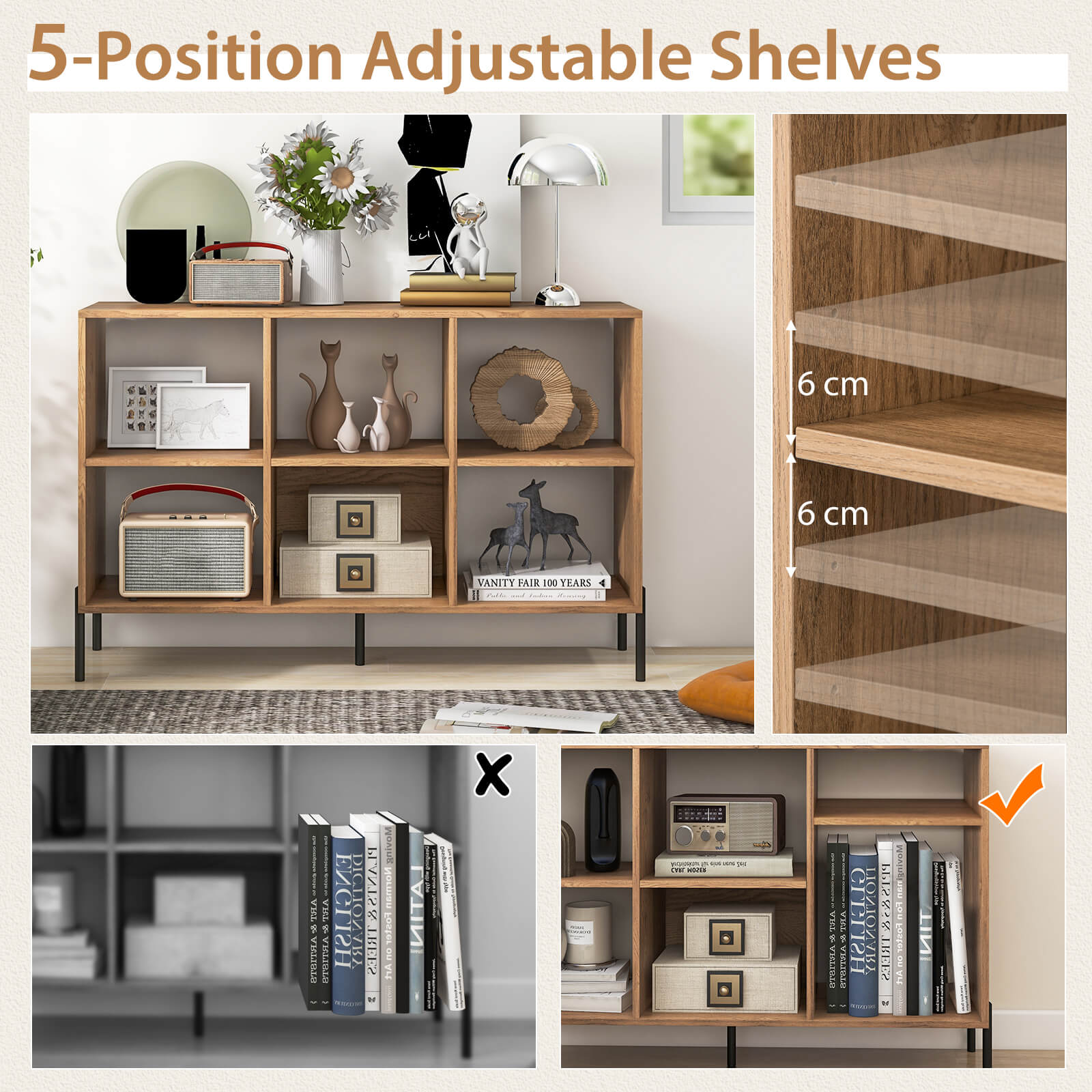 Open-Back Wood Bookshelf Storage Rack with 6 Compartments-Natural