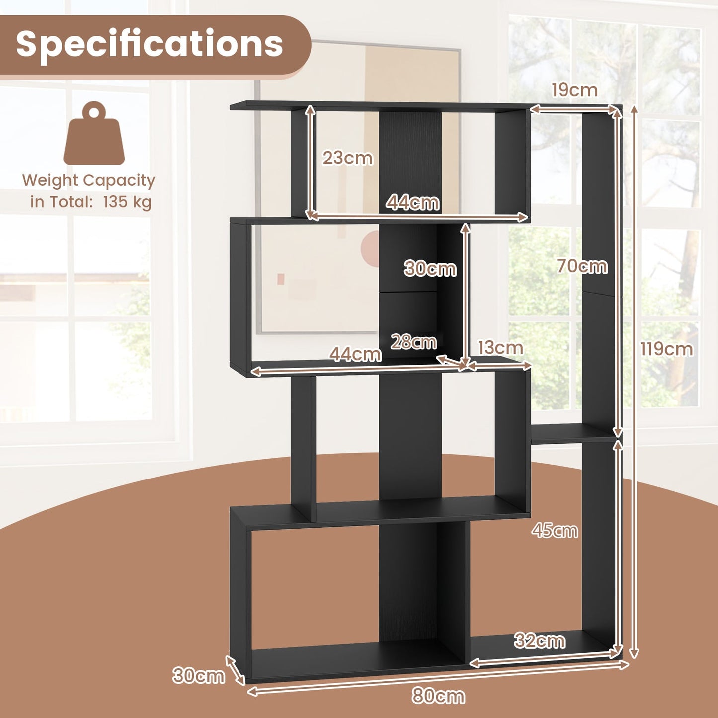 6-Cube Open-back Geometric Bookshelf with Anti-tip Kits-Black