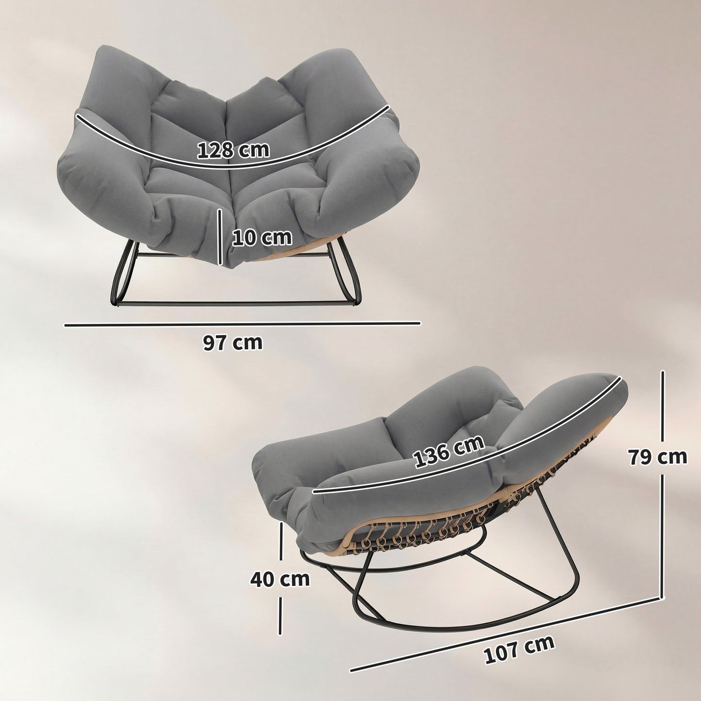 Outsunny Indoor Outdoor Rocking Chair, Oversized Rocking Egg Chair with Cushion for Living Room, Garden, Patio, Grey