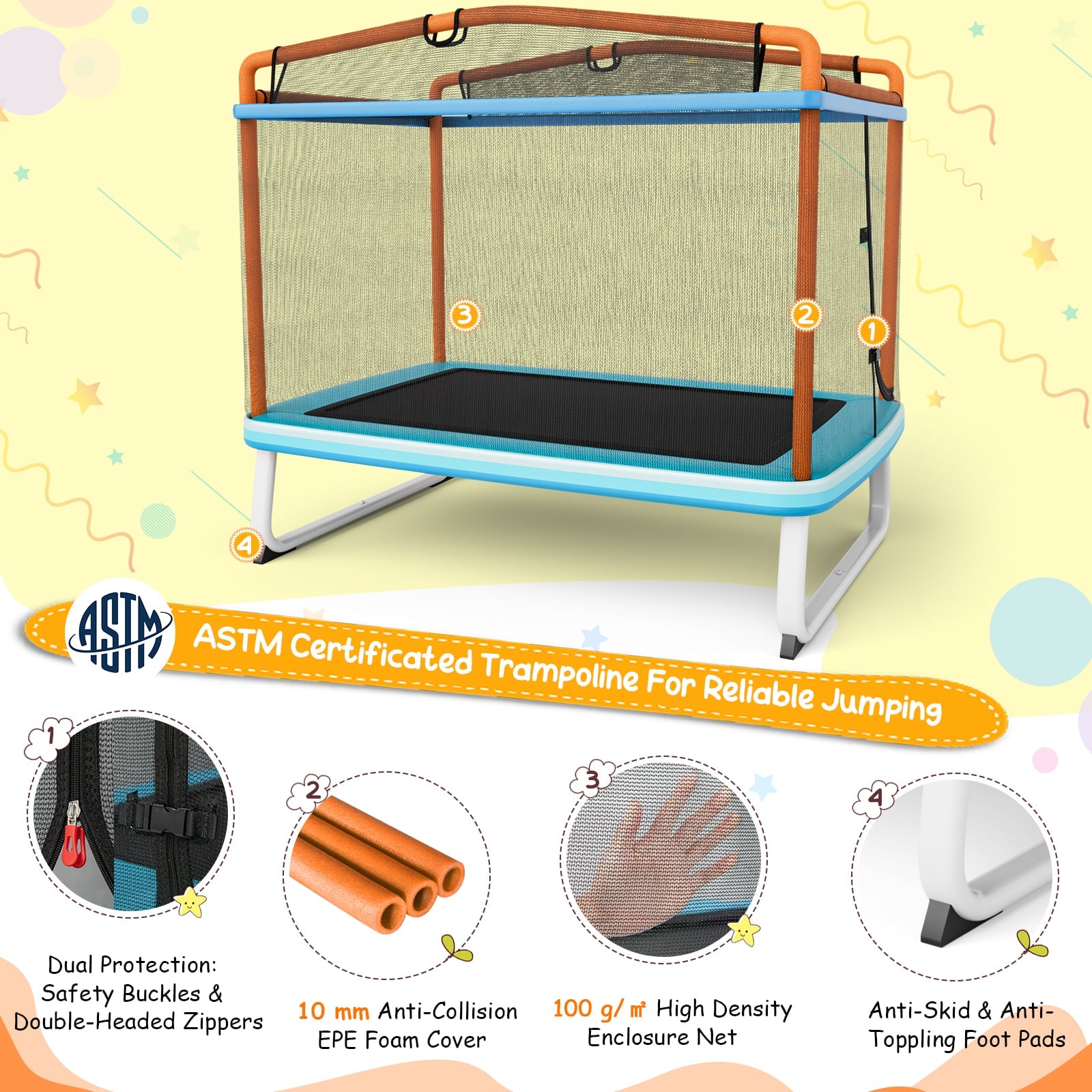 190CM 3-in-1 Kids Rectangle Trampoline with Enclosure Net and Horizontal Bar-Orange
