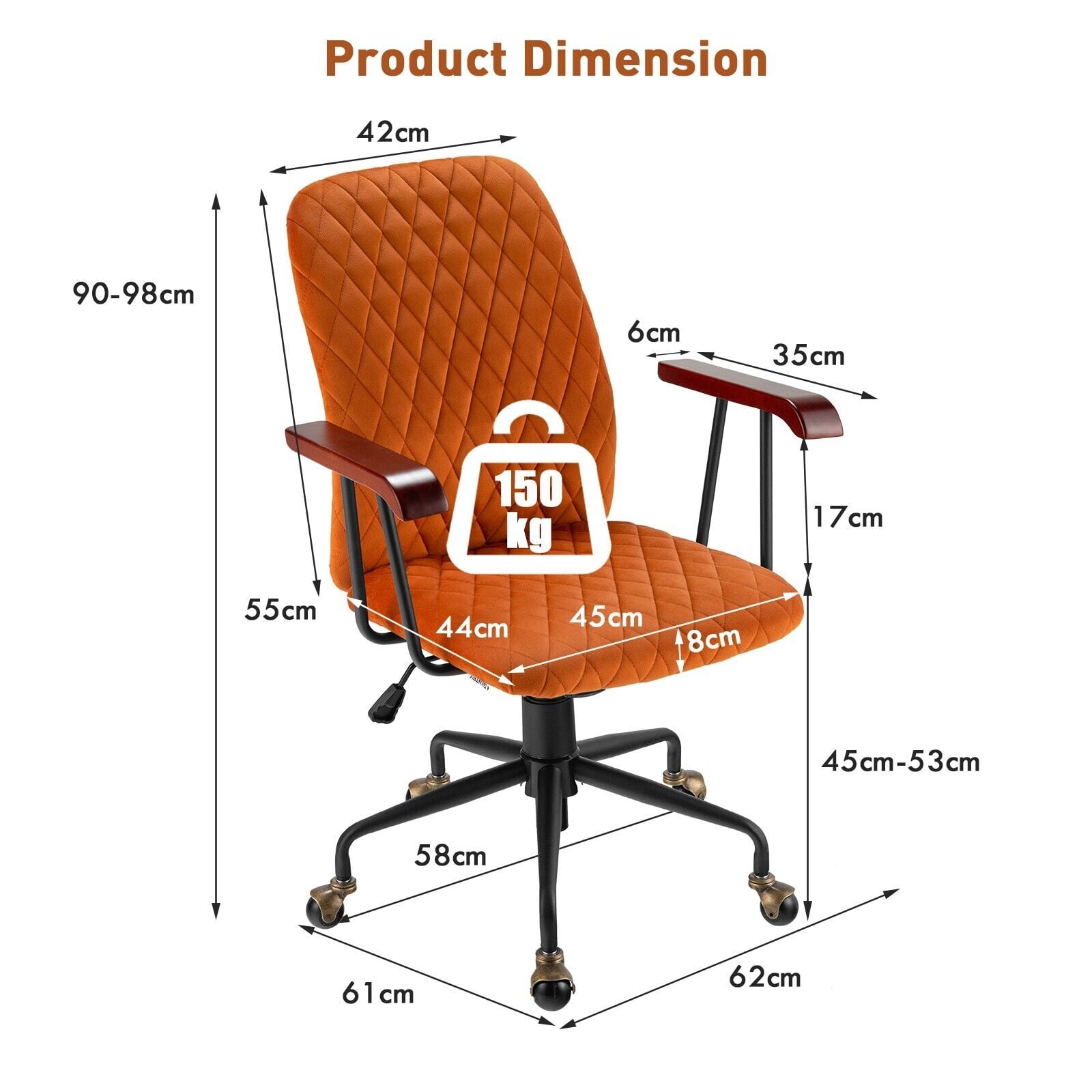Adjustable Velvet Rocking Leisure Chair with Padded Seat and Rubber Wood Armrests-Orange