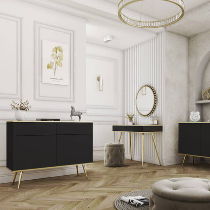 Modern interior design with black sideboard, round mirror, and decorative elements.