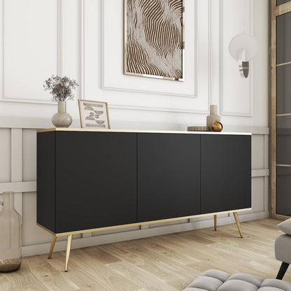 Modern black sideboard with gold legs in a stylish room setting.