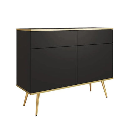 Black cabinet with gold legs on a white background
