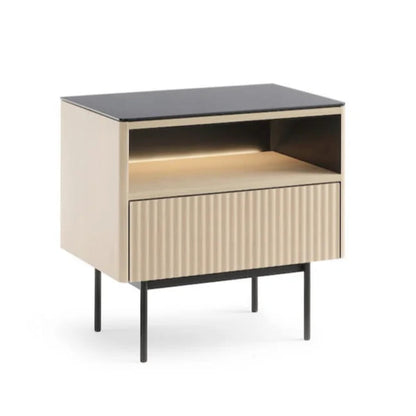 Beige side table with black glass top on a white background