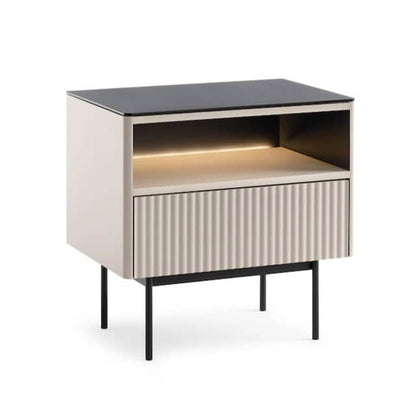 Modern side table with a black top and white base on a white background