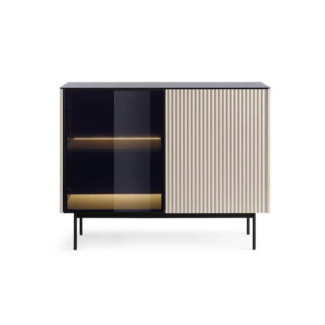 Modern cabinet with black and beige design on a white background