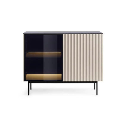 Modern cabinet with black and beige design on a white background