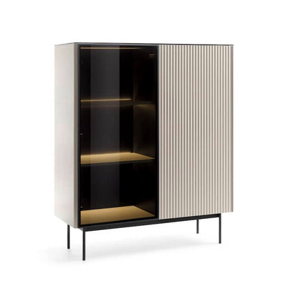 Modern cabinet with glass and wooden doors on a white background