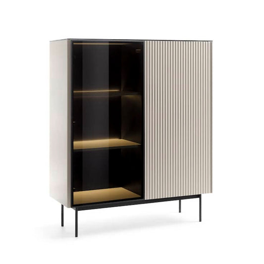 Modern cabinet with glass and wooden doors on a white background