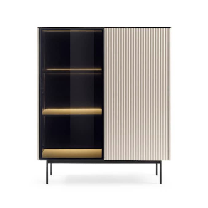 Modern cabinet with black glass front and white striped side on a white background