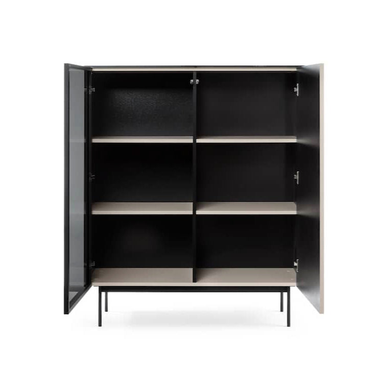 Black cabinet with open doors on a white background