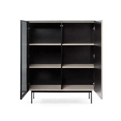 Black cabinet with open doors on a white background