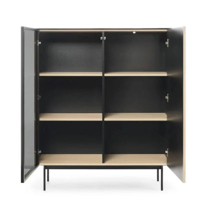 Black cabinet with open doors on a white background