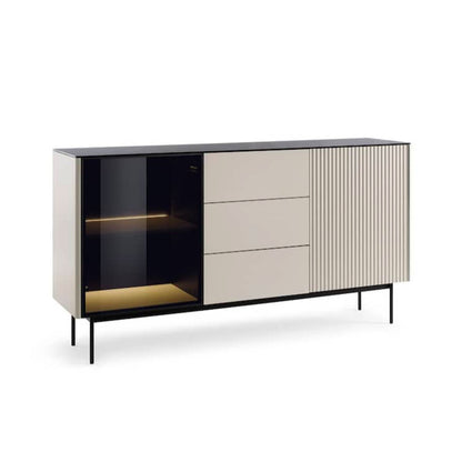 Modern sideboard with glass door and drawers on a white background