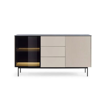 Modern sideboard with glass door and wooden panels on a white background
