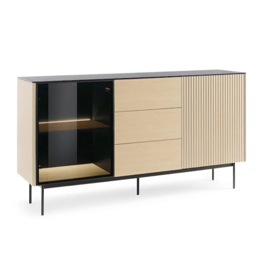 Modern sideboard with black frame and light wood finish on a white background