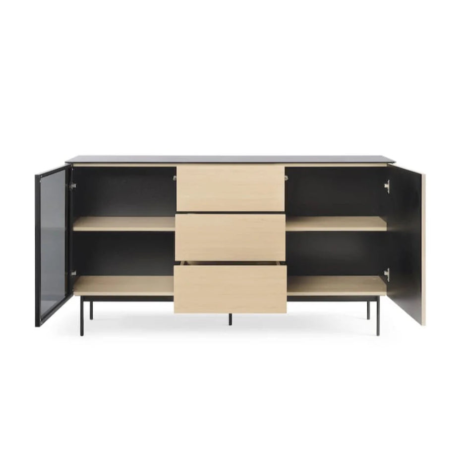 Modern cabinet with black and beige design on a white background