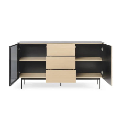 Modern cabinet with black and beige design on a white background