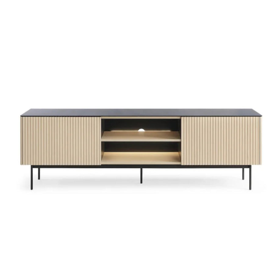 Modern TV stand with wooden panels and black top on a white background