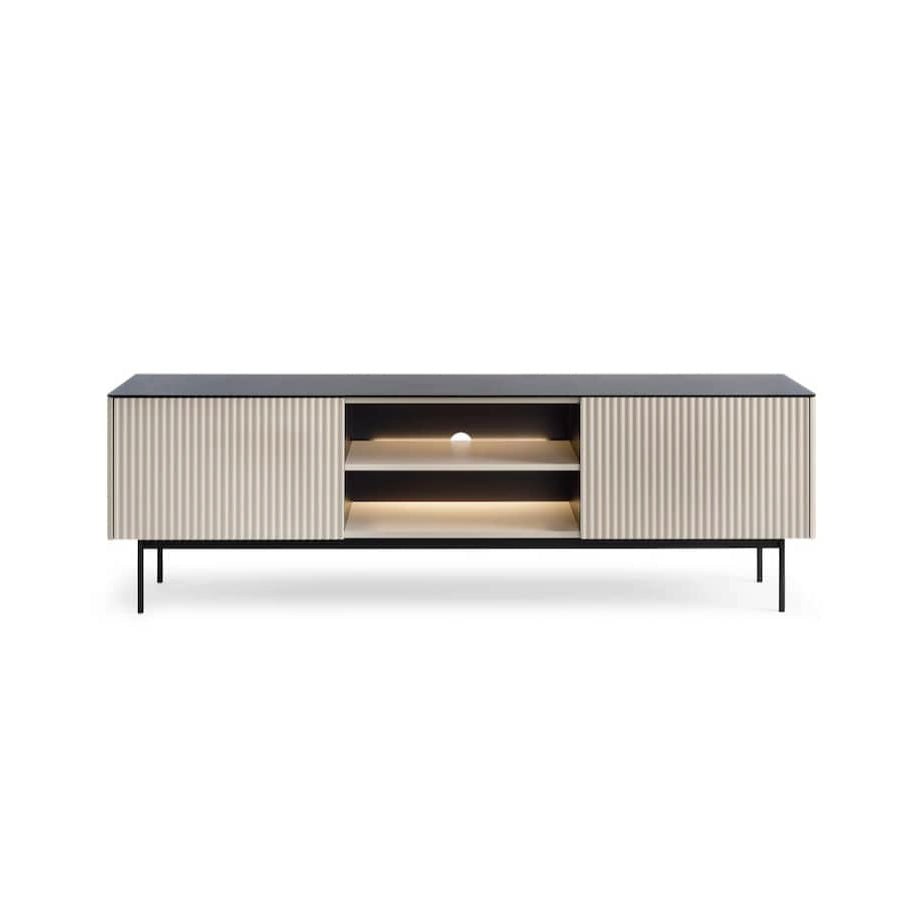 Modern TV stand with a black top and light wood sides on a white background