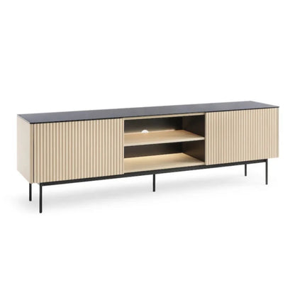 Modern sideboard with wooden doors and black top on a white background
