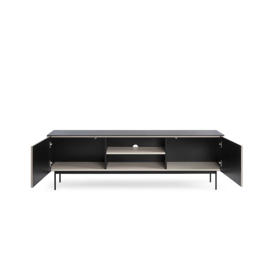 Modern black entertainment console on a white background