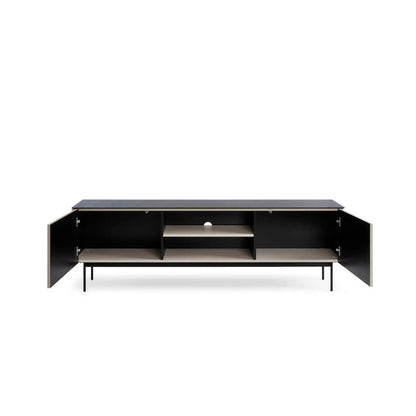 Modern black entertainment console on a white background