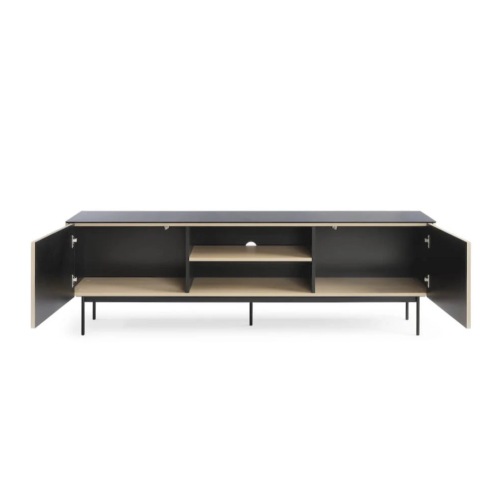 Modern entertainment console with black top and wooden sides on a white background