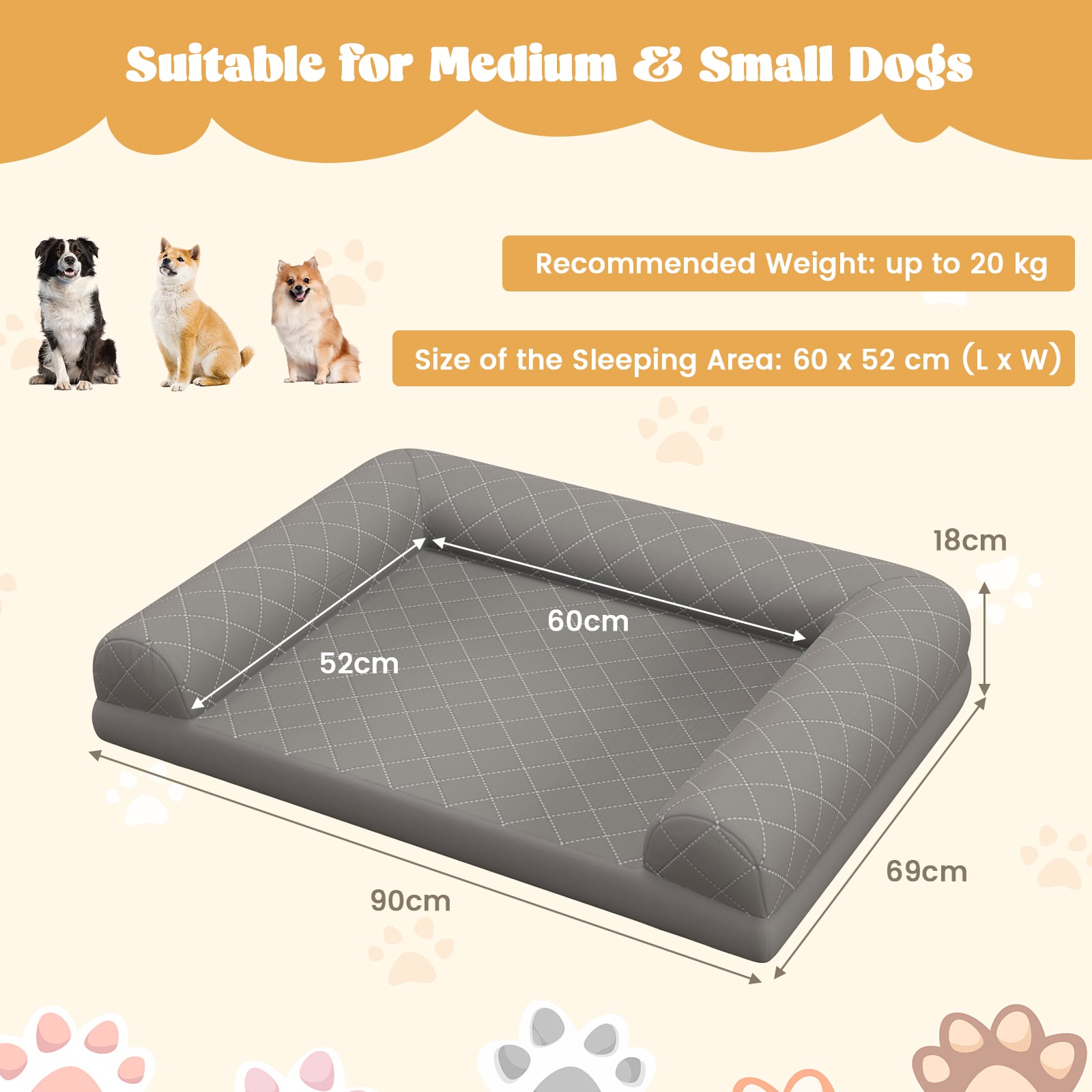 Orthopedic Dog Bed Egg-Foam Dog Crate Bed with 3-Side Bolster-Grey