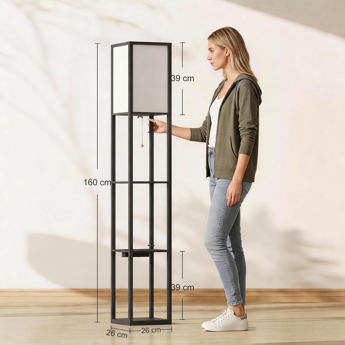 HOMCOM Floor Lamp with Shelves, 3 Layer Column Modern Standing Lamp for Living Room, Bedroom, Office, Black