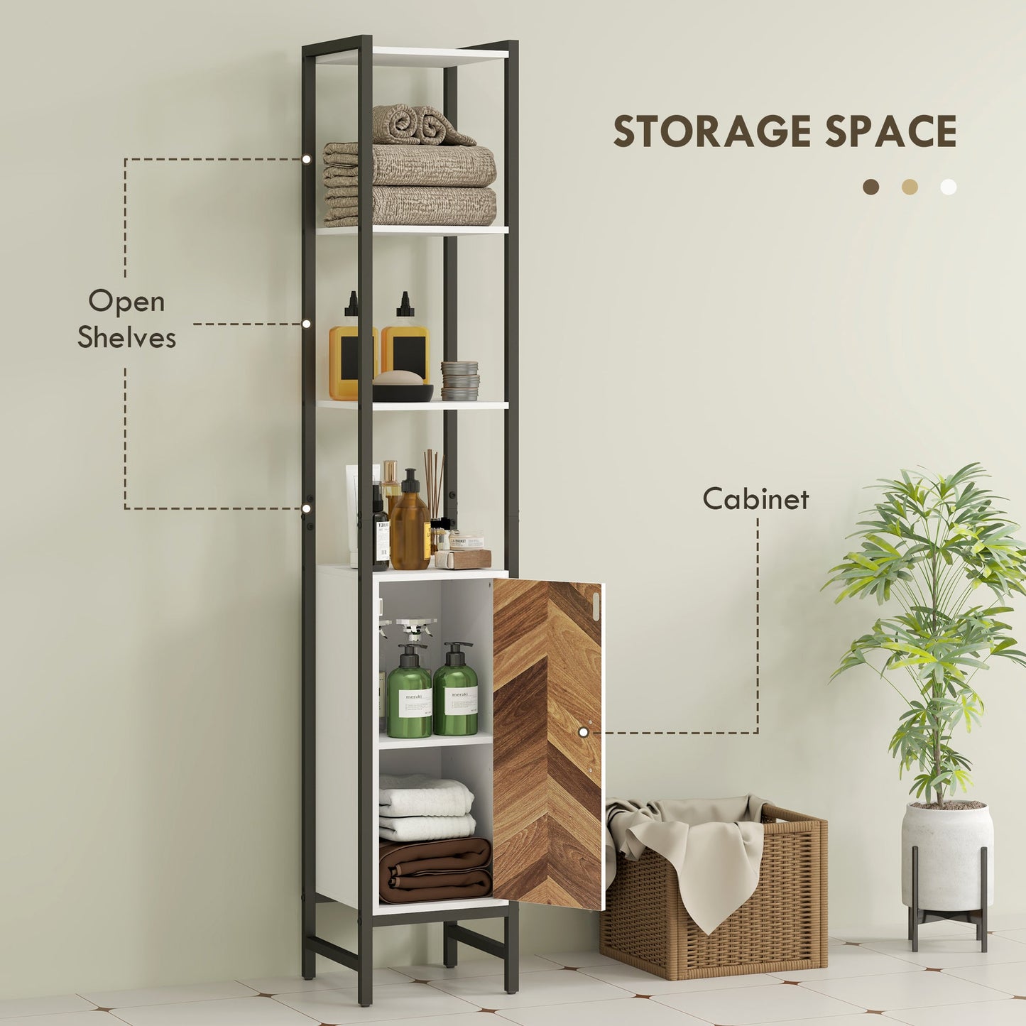 HOMCOM Tall Bathroom Cabinet with 3 Shelves, Slim Storage Cabinet with Adjustable Shelf, Narrow Tallboy Cupboard, Bathroom Storage Unit for Kitchen, Living Room, Hallway, 30 x 30 x 170 cm