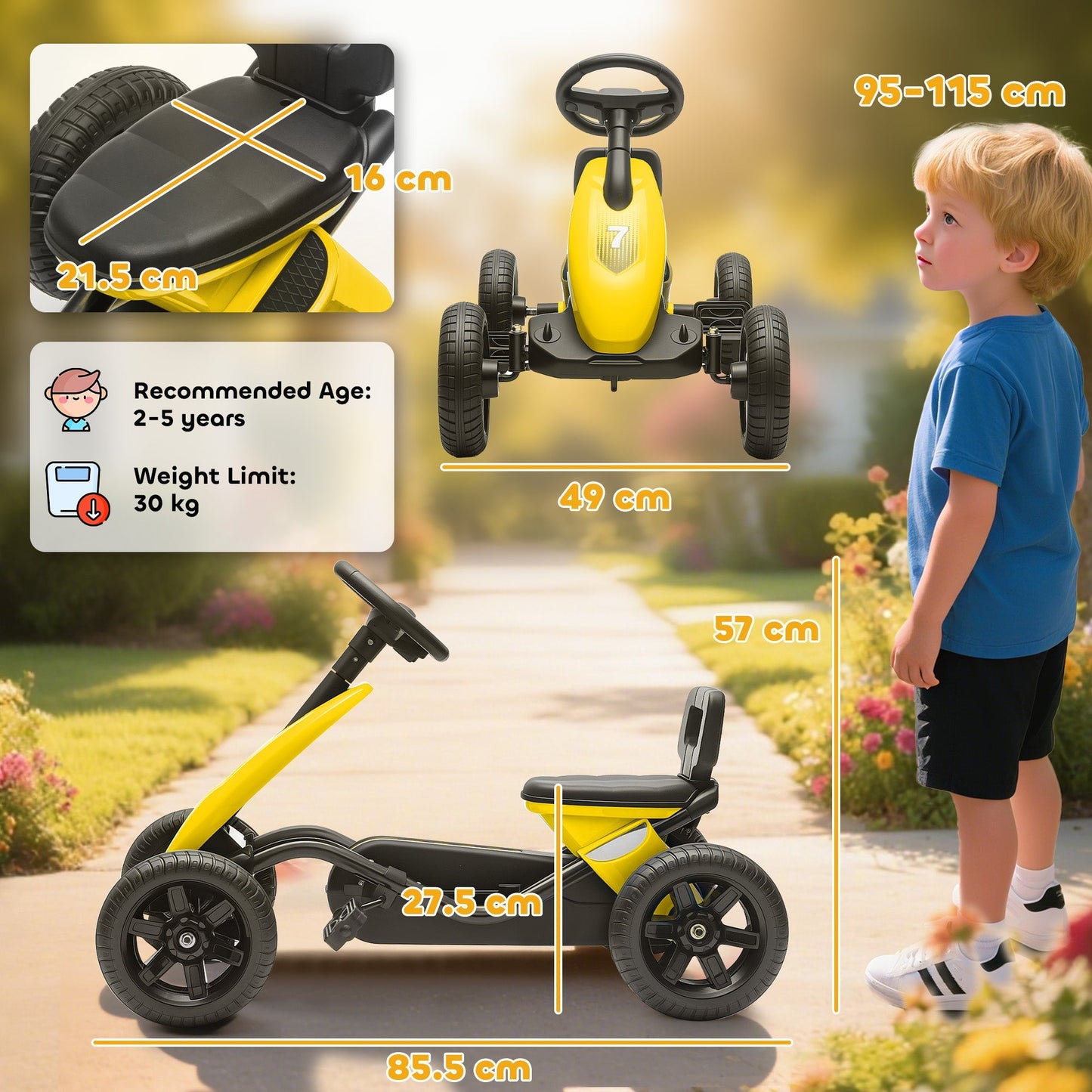 AIYAPLAY Pedal Go Kart for Kids 2-5 Years, with Silent EVA Wheels, Metal Frame, Yellow