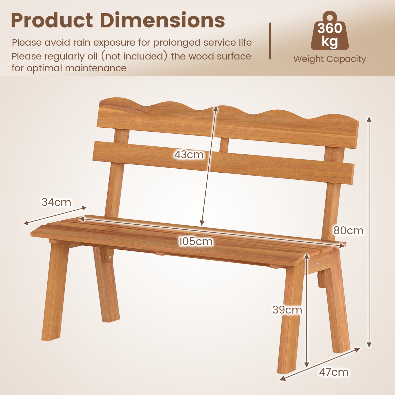 Outdoor 2-Person Wood Garden Bench with Ergonomic Backrest