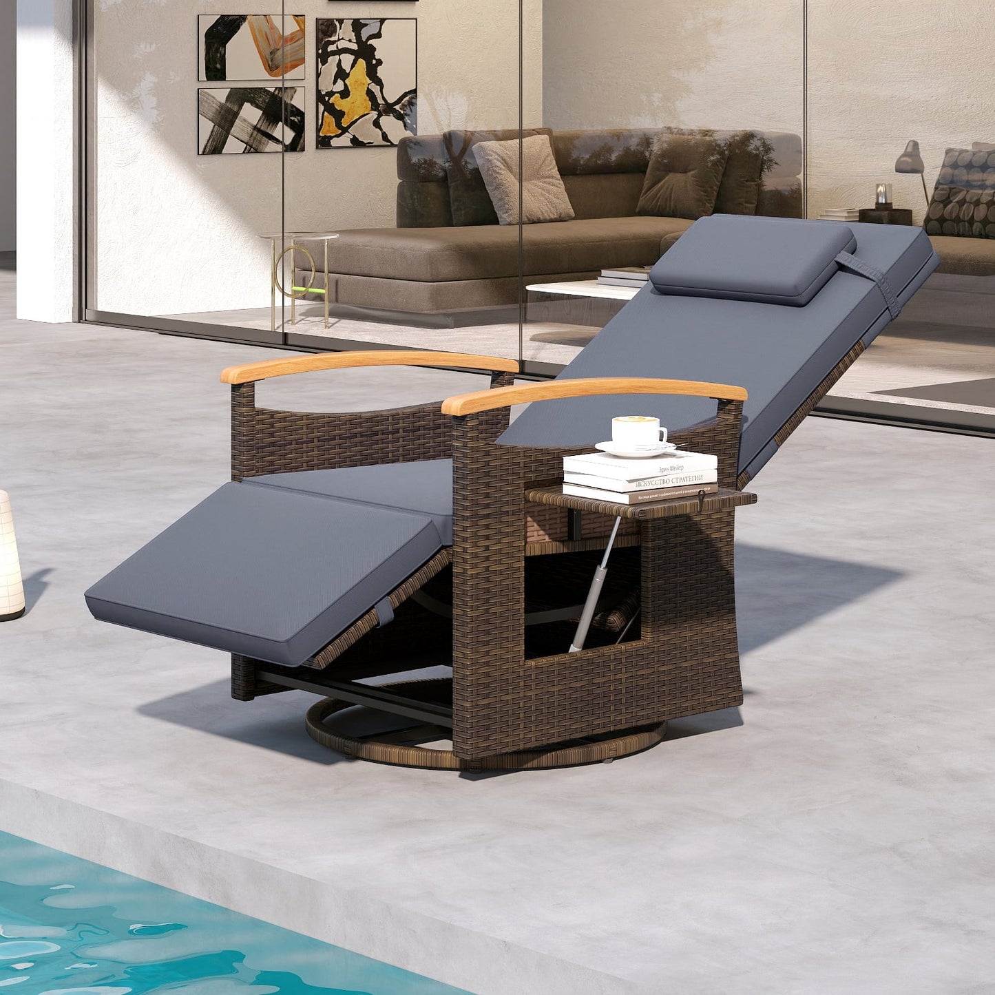 Outdoor 360° Swivel Rattan Recliner Chair with Adjustable Backrest and Footrest-Grey