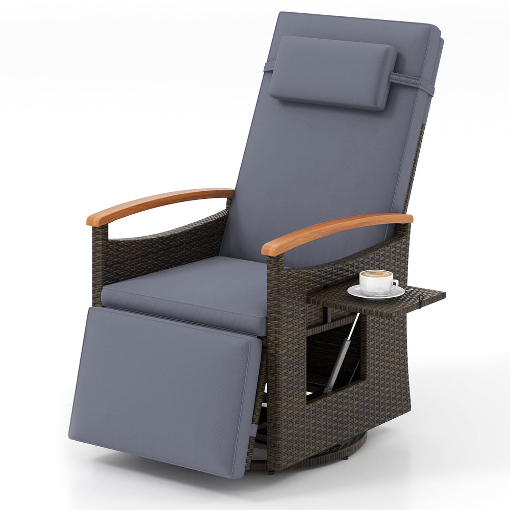 Outdoor 360° Swivel Rattan Recliner Chair with Adjustable Backrest and Footrest-Grey