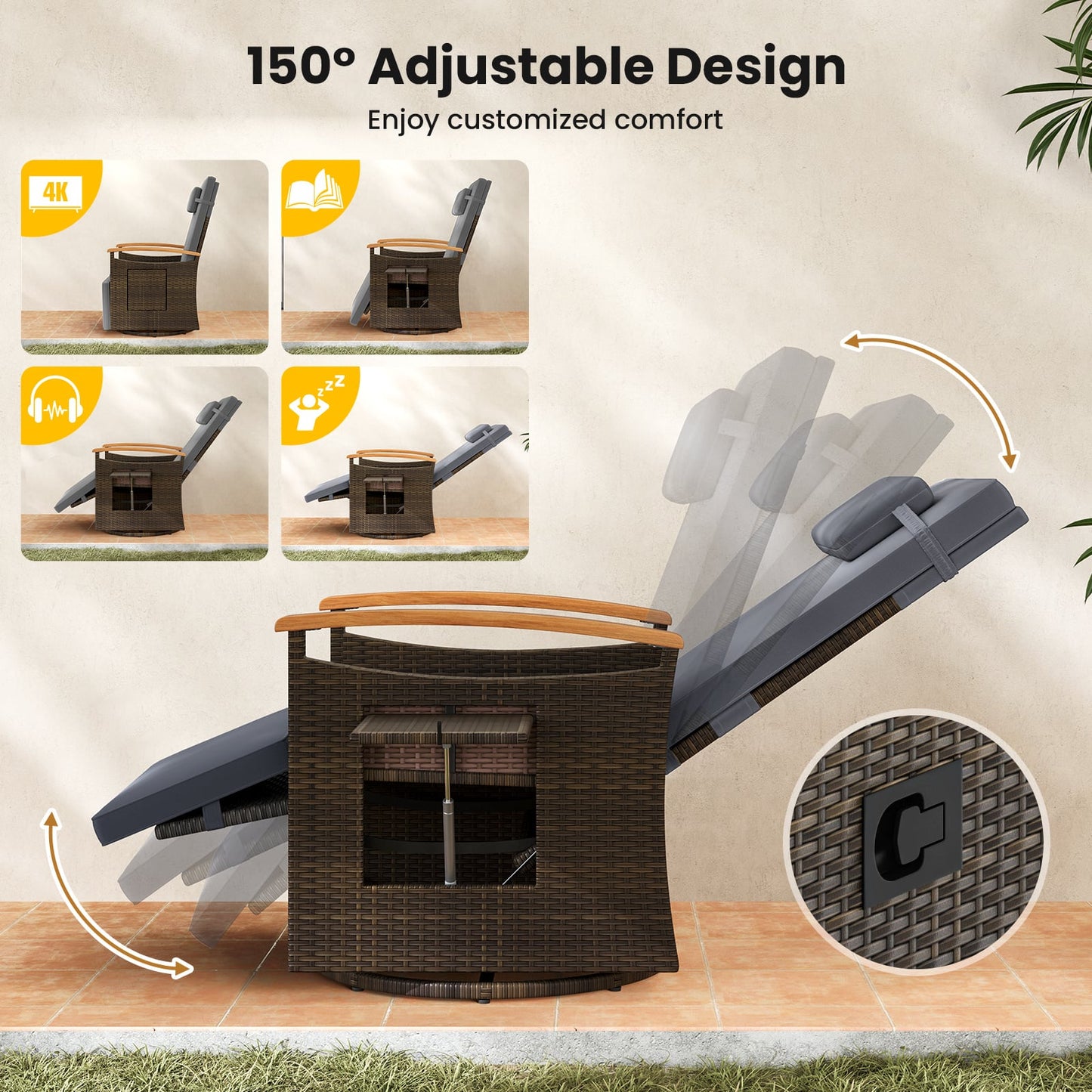 Outdoor 360° Swivel Rattan Recliner Chair with Adjustable Backrest and Footrest-Grey