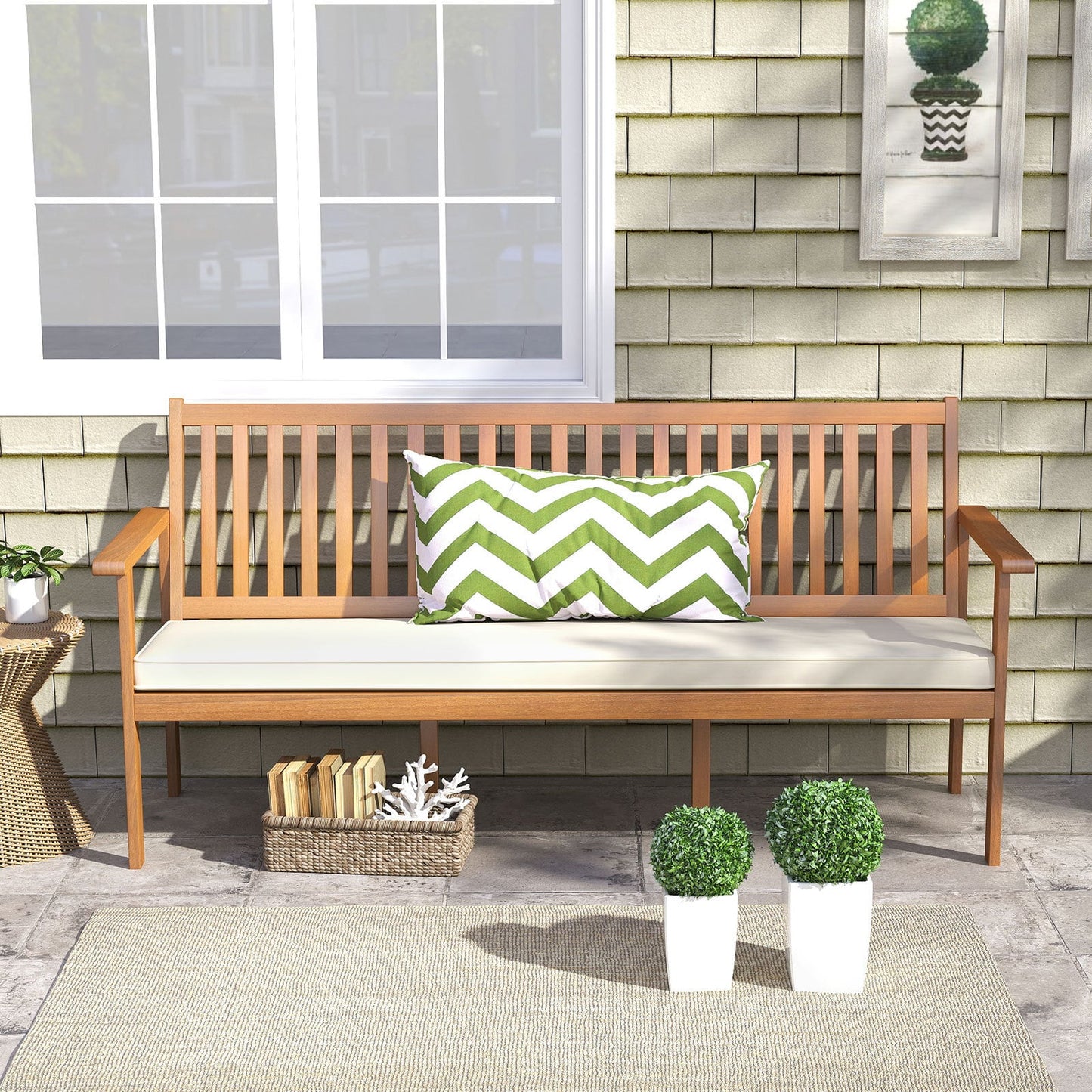 Outdoor Acacia Wood Bench 3-Seat Patio Bench with Removable Seat Cushion-White
