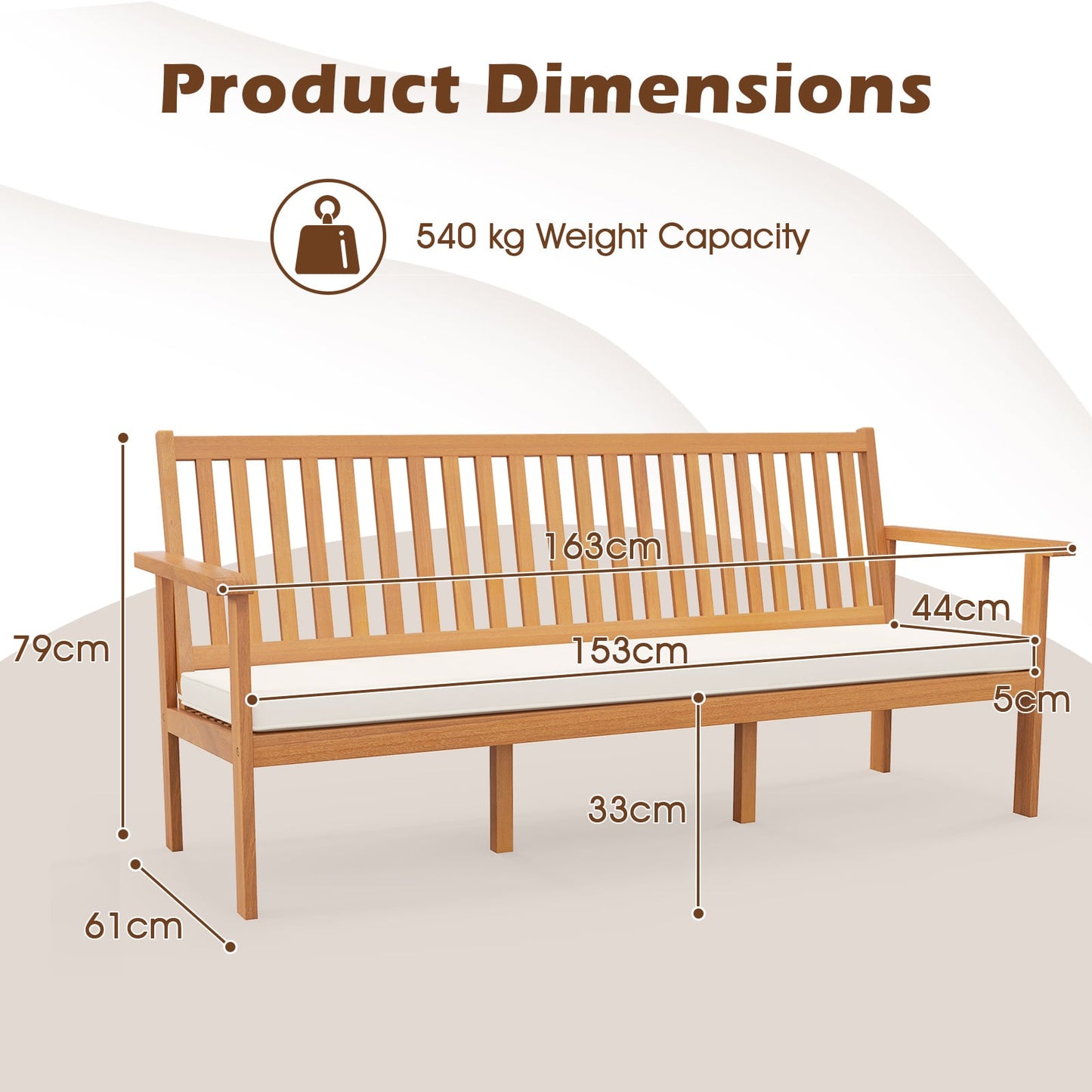 Outdoor Acacia Wood Bench 3-Seat Patio Bench with Removable Seat Cushion-White