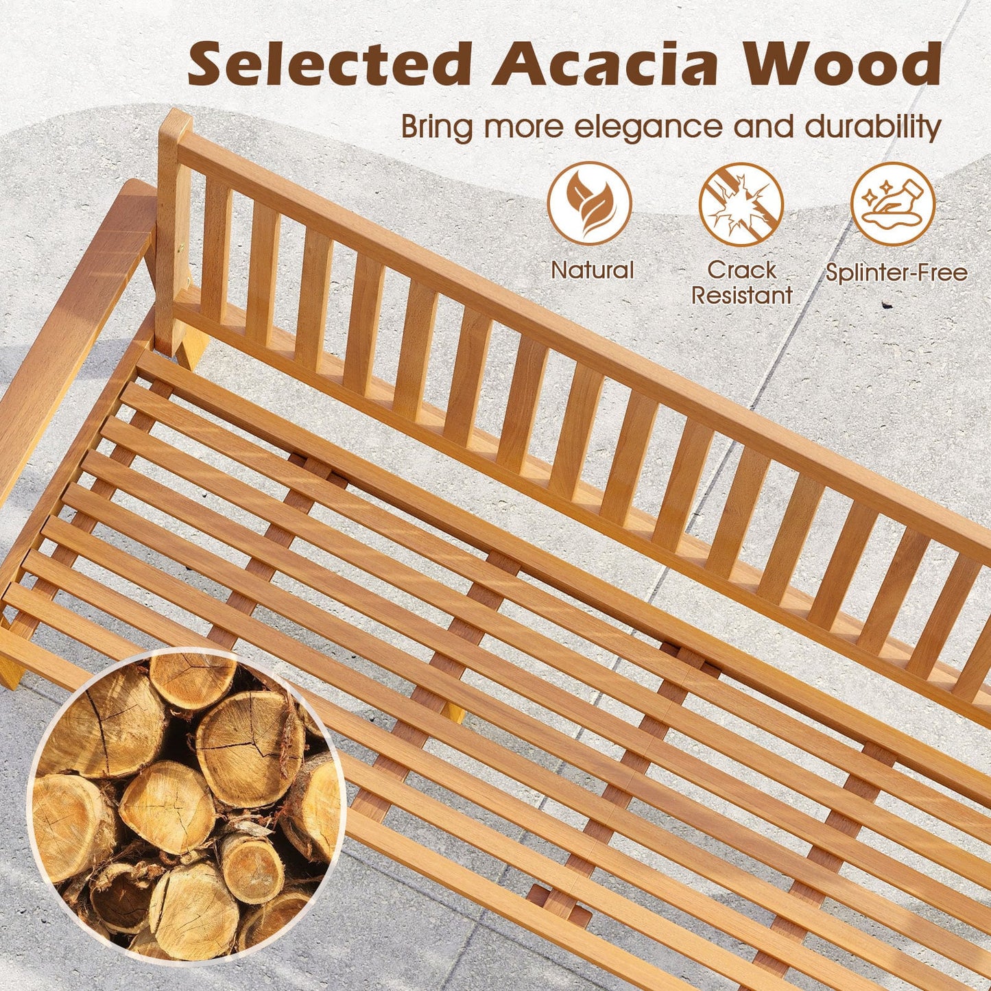 Outdoor Acacia Wood Bench 3-Seat Patio Bench with Removable Seat Cushion-White