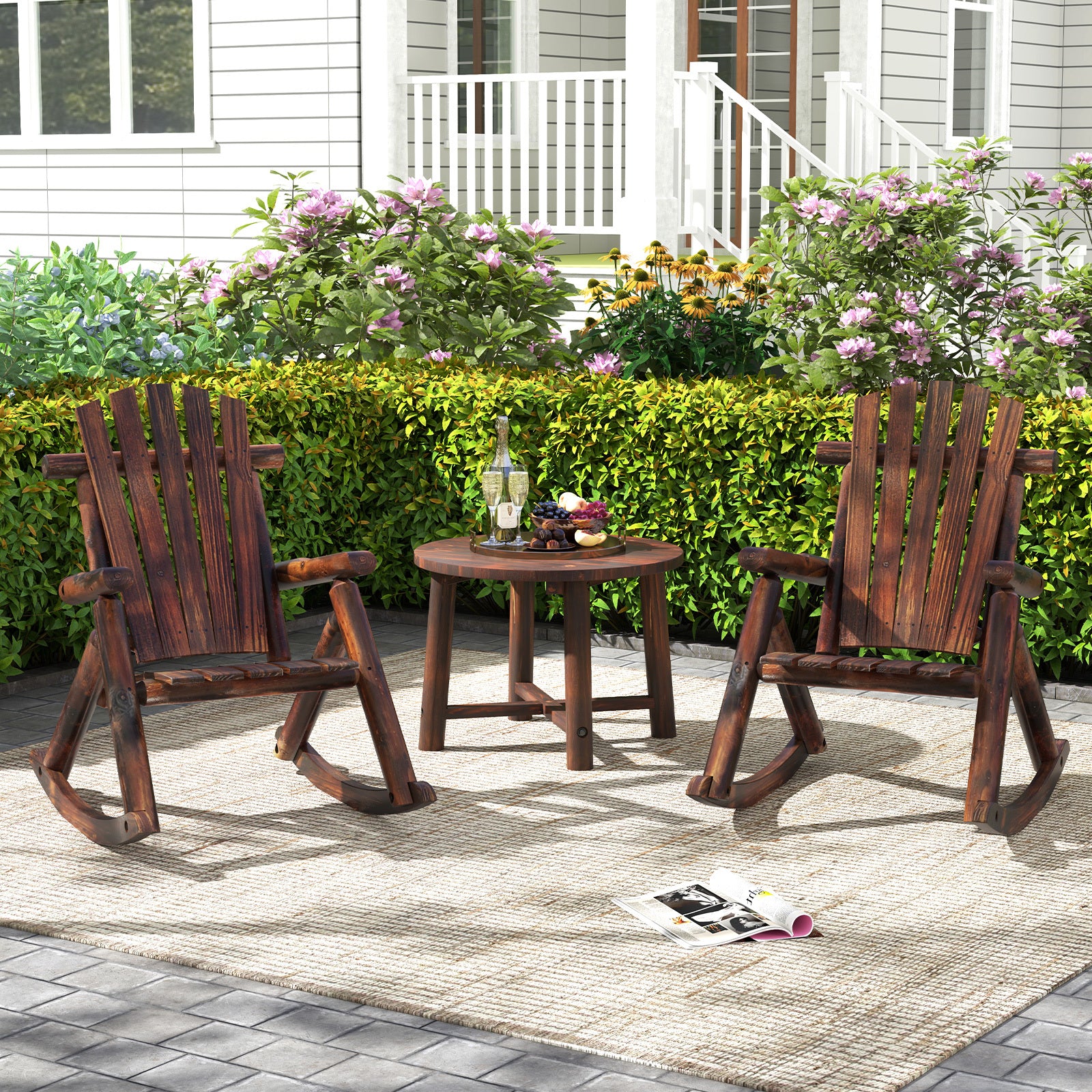 Outdoor Adirondack Rocking Chair Solid Wood with High Back-2 Pack