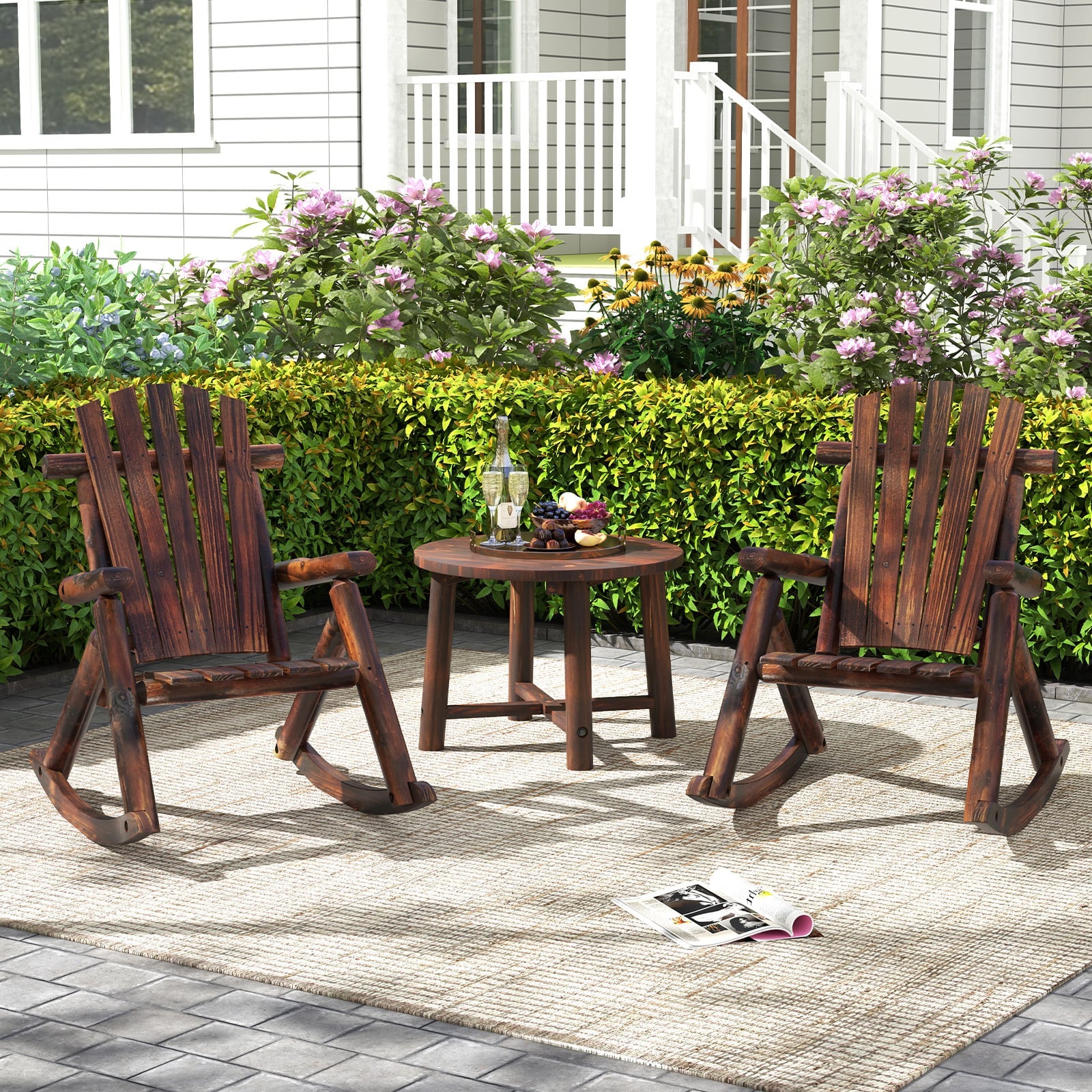 Outdoor Adirondack Rocking Chair Solid Wood with High Back-2 Pack