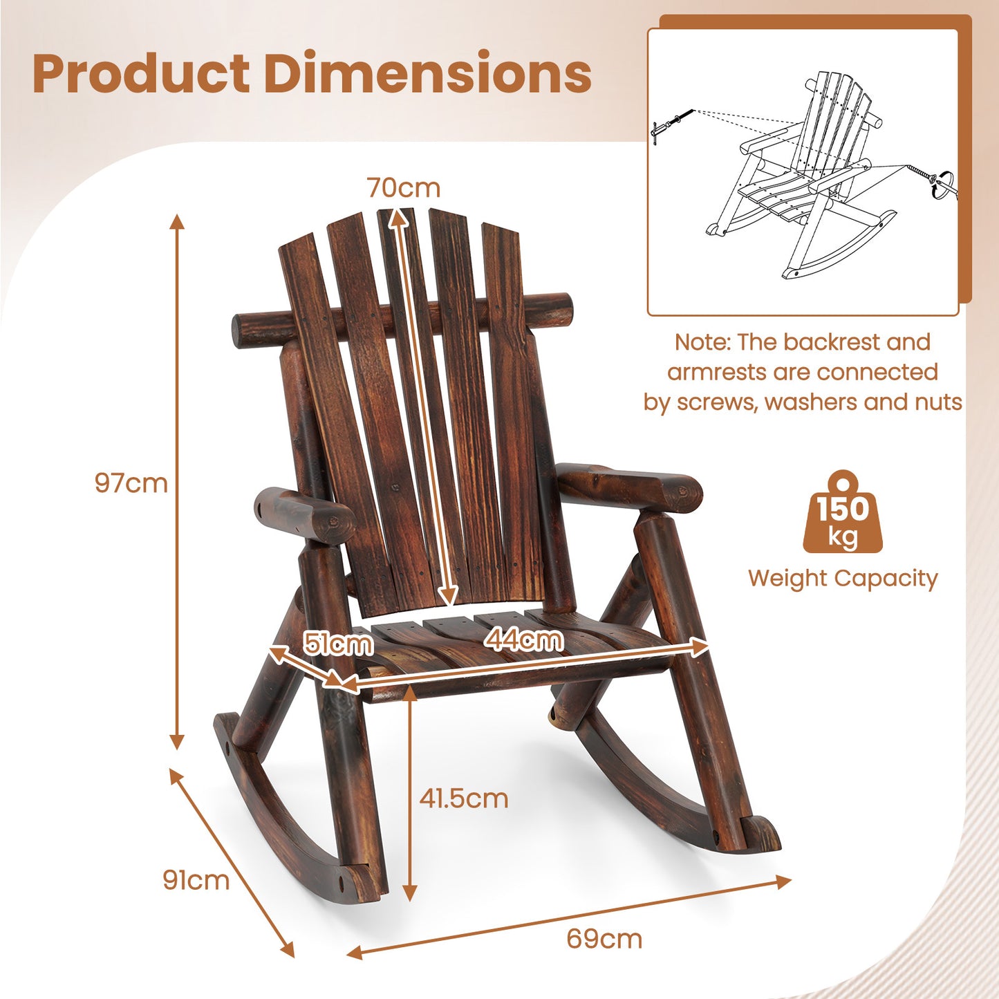 Outdoor Adirondack Rocking Chair Solid Wood with High Back-2 Pack
