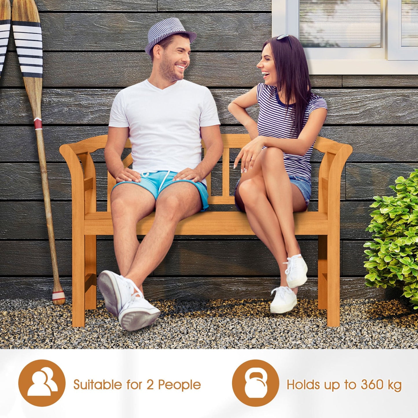 Outdoor Bench Acacia Wood 2-Person Patio Loveseat with Backrest Garden Bench