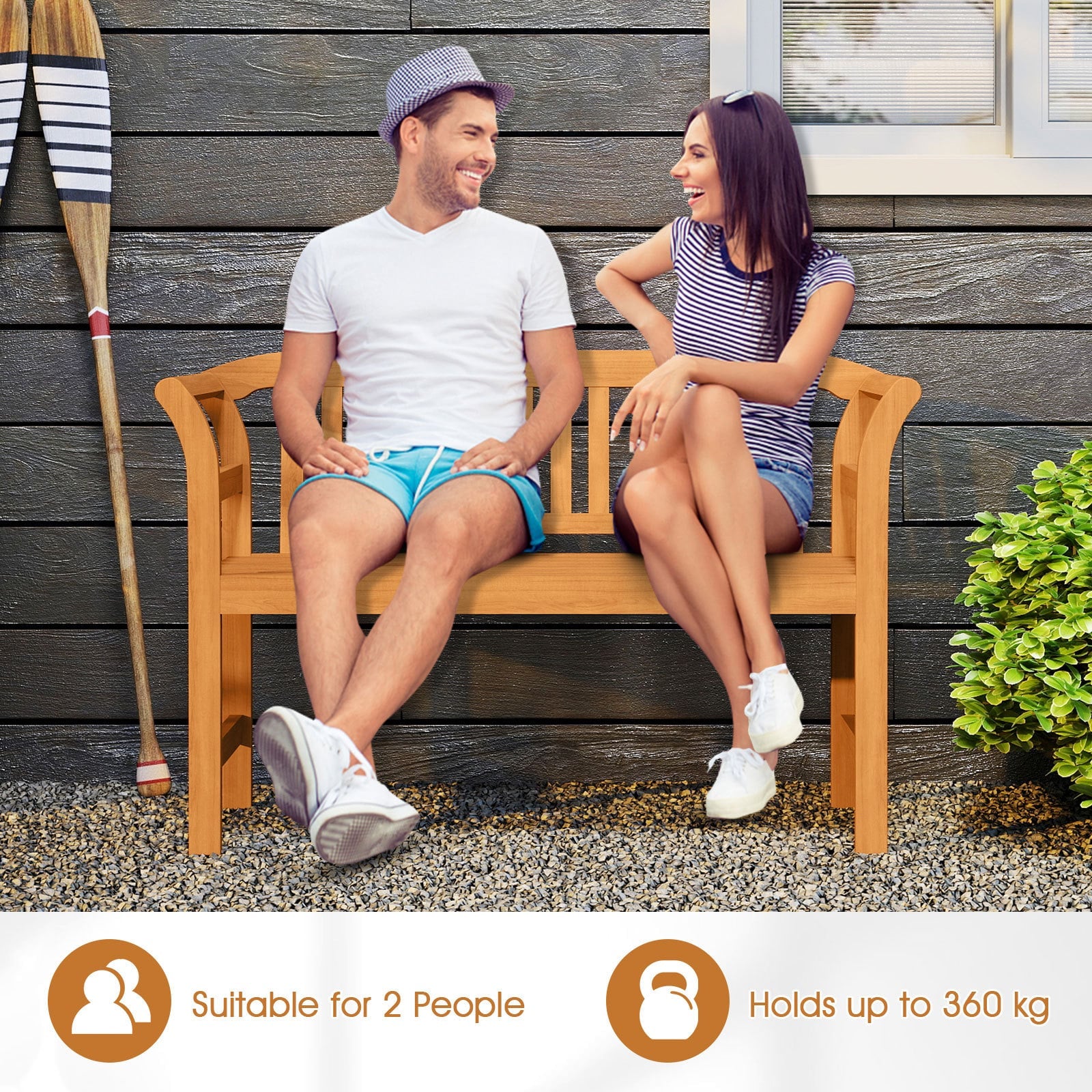Outdoor Bench Acacia Wood 2-Person Patio Loveseat with Backrest and Armrests