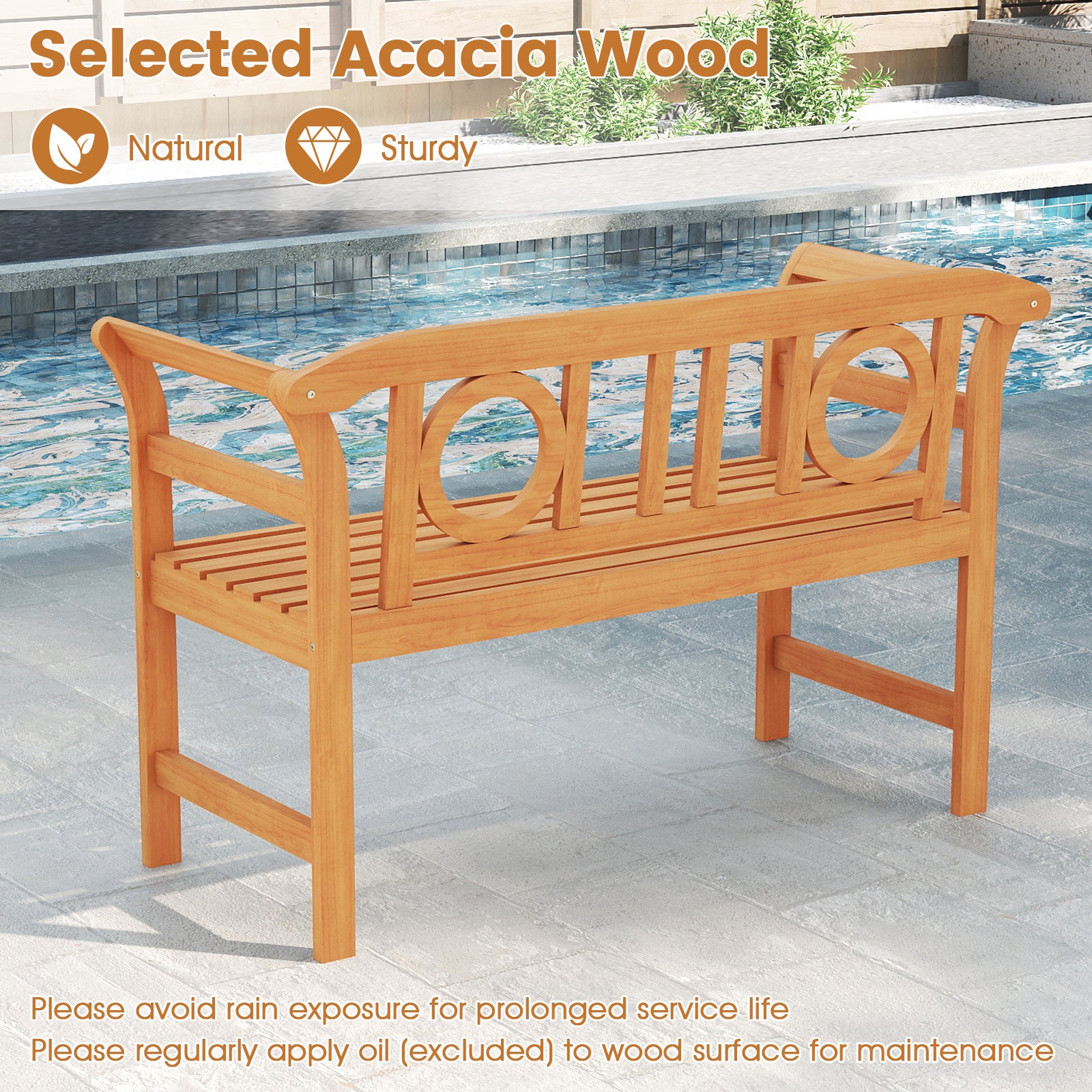 Outdoor Bench Acacia Wood 2-Person Patio Loveseat with Backrest for Porch