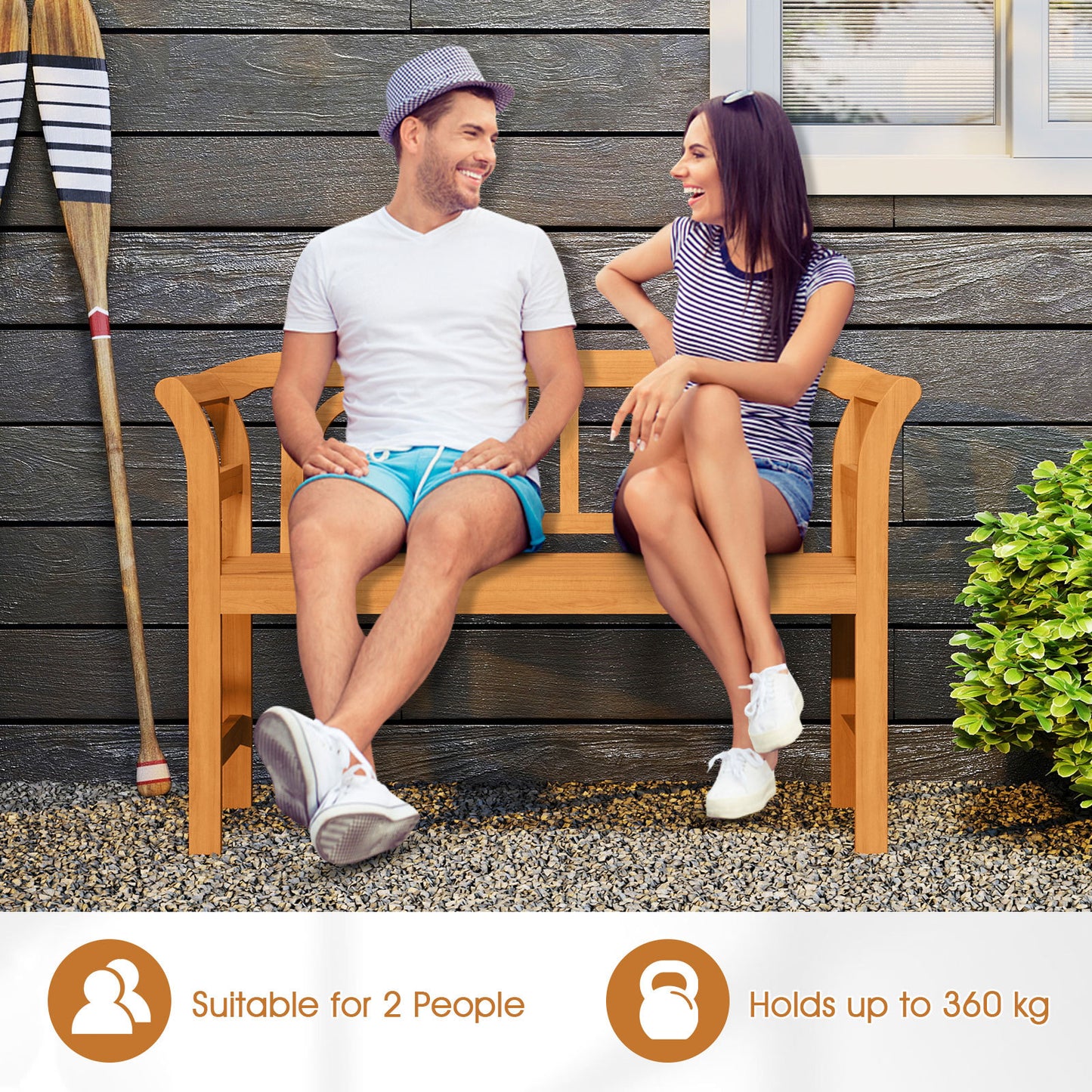 Outdoor Bench Acacia Wood 2-Person Patio Loveseat with Backrest for Porch