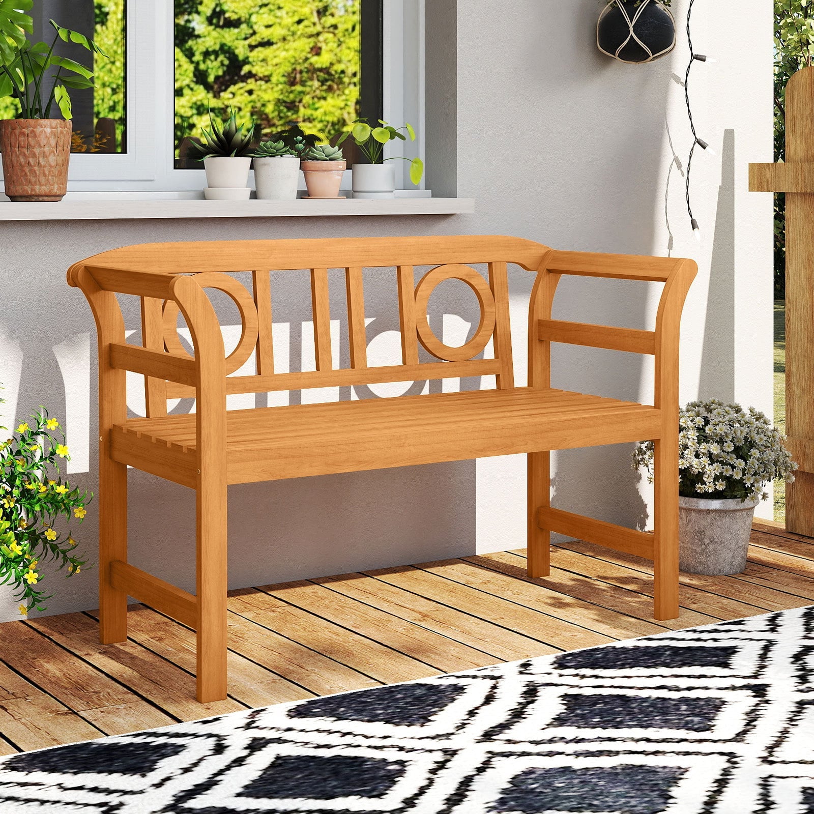 Outdoor Bench Acacia Wood 2-Person Patio Loveseat with Backrest for Porch
