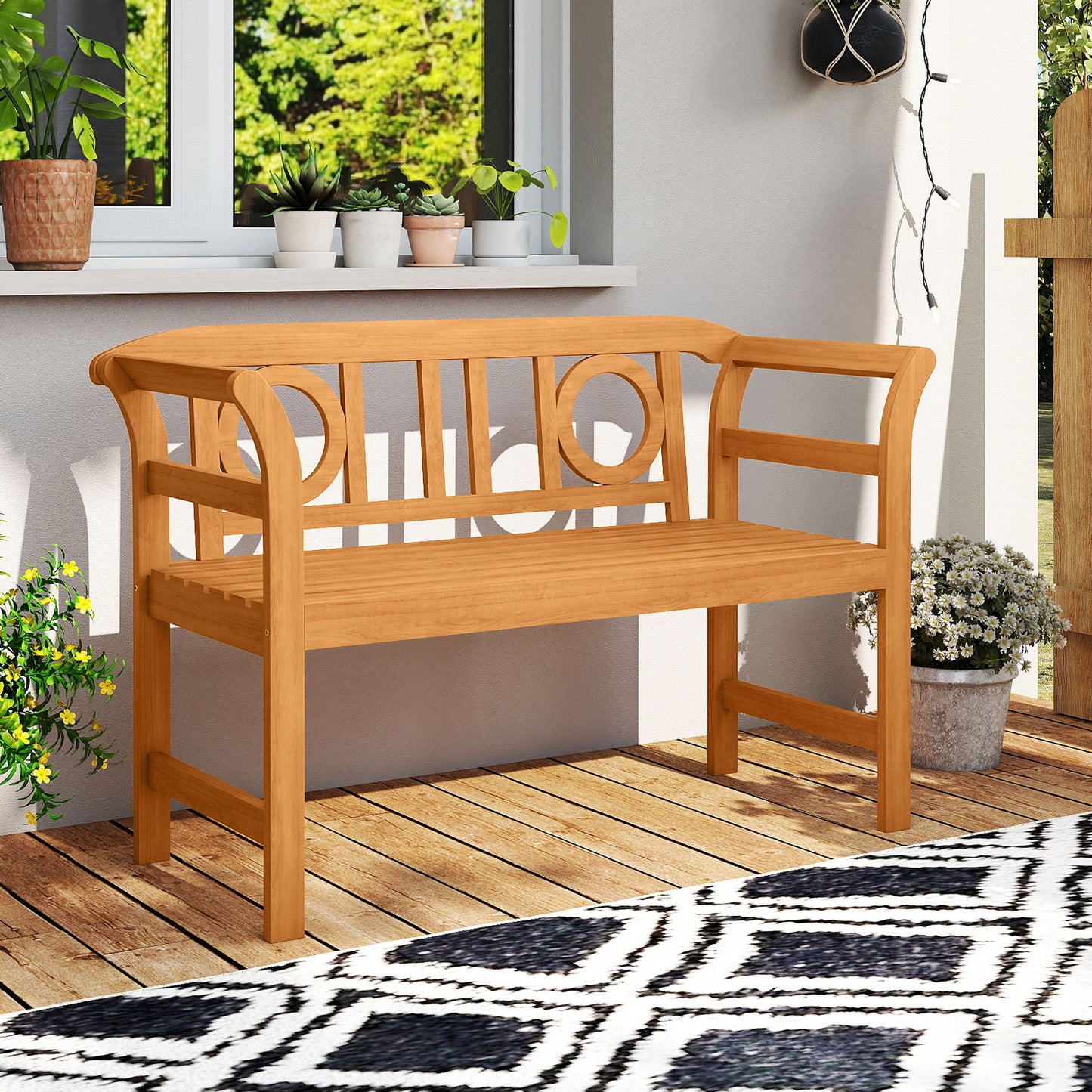 Outdoor Bench Acacia Wood 2-Person Patio Loveseat with Backrest for Porch